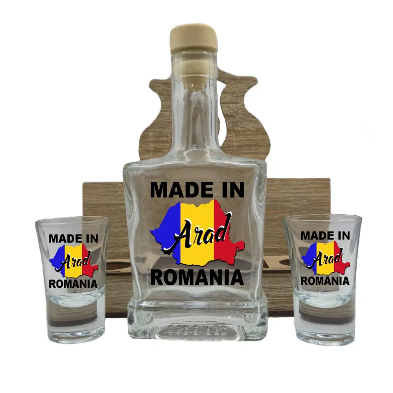 Made in arad romania, suport din lemn cu sticla si 2 pahare, model hgs027